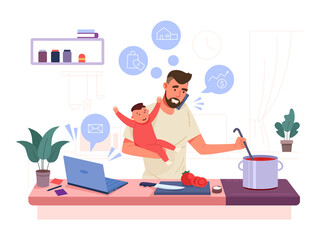 Busy father. Multitasking super dad cooking, lonely daddy with baby, caring husband, png illustration
