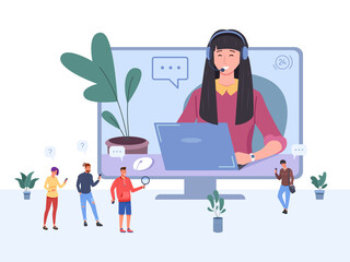 Client phone agent. Professional global online support, help consultant with microphone and laptop in display, png illustration