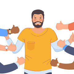 Man accept respect. People appreciate guy, public approval, acknowledged smiling person, png illustration