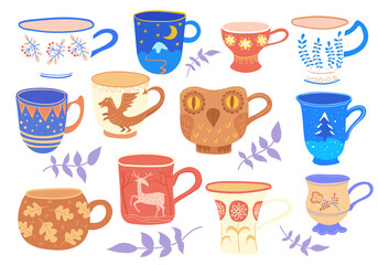 Doodle ceramic mug. Cartoon scandinavian cup collection, flat mugs for drinking tea or coffee, kitchen tableware with flowers, breakfast food trendy cups, neat png illustration