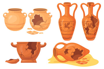 Cartoon broken pottery. Old cracked ceramic vases, history archeology urn for museum, ancient clay pots jar jug vessel, greece or roman artefact - obrazy, fototapety, plakaty
