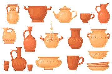Cartoon clay crockery. Antique ceramico utensils, brown earthenware pot dish vessels cup jug bowl, ancient ceramic dishes, image pottery kitchenware, icon neat png illustration - obrazy, fototapety, plakaty