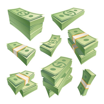 Cartoon stack banknotes. Stacks cash green money, dollar bills, stacking dollar banknote, pile cashs paper currency, heap 100 payment note pack, isolated recent png illustration