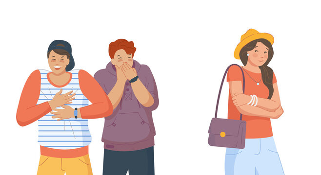 Taunts girl. Unfriendly student guys giggle at teen woman, bullying students, gossiping friends, png illustration