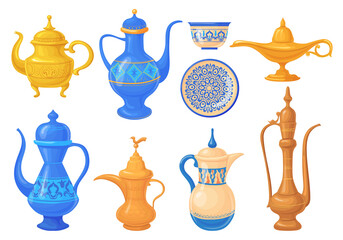Cartoon arabic jugs. Moroccan teapot or bowl, antique aladdin lamp with genie, kitchen arabical treasure, jug art gold pot for coffee tea - obrazy, fototapety, plakaty