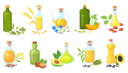Oil seeds bottles. Oils for cooking vegetables with germ seed fat plant wheat olive sunflower sesame mustard, nuts peanut, farming nutrition fats, cartoon neat png illustration