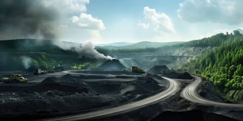 Balancing Carbon Emissions With Clean Energy And A Green Leafcoal Trucks In Open Mine Industrial Landscape. Сoncept Carbon Offsetting, Renewable Energy Solutions, Sustainable Mining Practices - obrazy, fototapety, plakaty