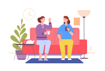 Friends drink tea home. Coffee drinking, female fun conversation on comfy couch, meeting laughing friends chatting and gossiping dialog on sofa cartoon character png
