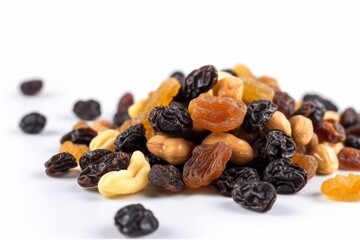 Fototapeta premium Peanuts and raisins on white background closeup. Generative AI