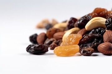 Obraz premium Peanuts and raisins on white background closeup. Generative AI