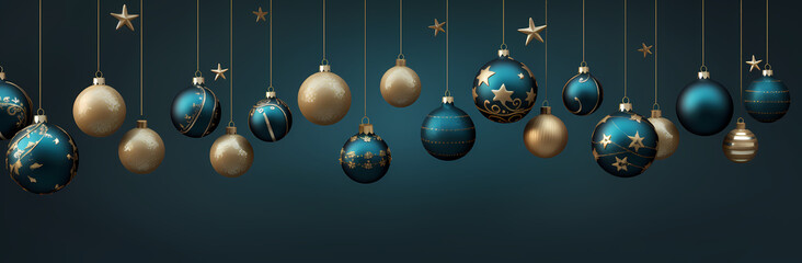 christmas background with golden ball ornaments, in the style of dark teal and dark sky-blue, pretty, dark sky-blue and dark beige, shaped canvas, xmaspunk - obrazy, fototapety, plakaty