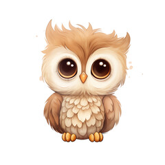 Fototapeta premium Watercolor cute kawaii a beige owl in boho style, png with transparent background