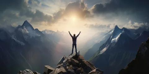 Fotobehang Man Conquers Mountain, Achieves Success Through Ambition And Risk. Сoncept Adventure Travel, Overcoming Challenges, Pursuit Of Excellence, Pushing Boundaries, Embracing The Unknown © Ян Заболотний