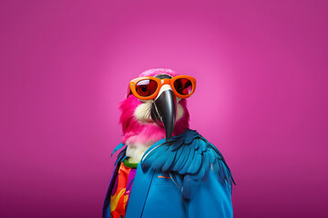 Naklejka premium Generative ai solitary bird dressed in a jacket wearing glasses set against a isolated pink background
