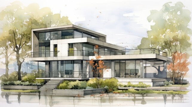 Contemporary Home Design Watercolor Illustration