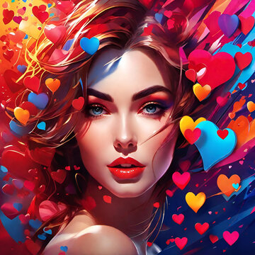 Woman with flowing hair in hyperreal colorful Valentines Day art