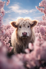 Dhenu. Magic cow. Sakura garden. Generative AI