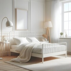 A light and airy bedroom with a white bed frame, a minimalist nightstand, and a floor lamp