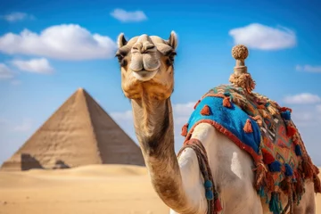 Schilderijen op glas Happy Camel visiting Pyramids in Giza Egypt Desert Smiling Vacation Travel Cultural Historical Heritage Monument Taking Selfie © Vibes 16:9