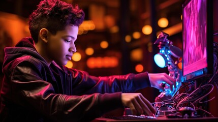 Fototapeta premium Teenager controls robotic arm with brain-computer interface, highlighting assistive tech's empowerment for disabilities