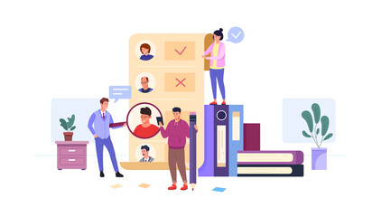 Hr list. Attract talents job, data check employees recruiting form resume candidates office policy information fill checklist test, choose employee, flat garish png illustration