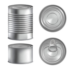 Realistic tin cans. 3d mockup metal can, steel canister package, aluminium canned cap, aluminum cylinder food pack, metallic silver tinned boxes, isolated tidy png illustration