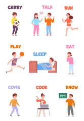 Fototapeta na wymiar Children action verb. Child character learning read english mechanisme, kid everyday activities, exercise education on study card carry eat cook sleep, splendid png illustration