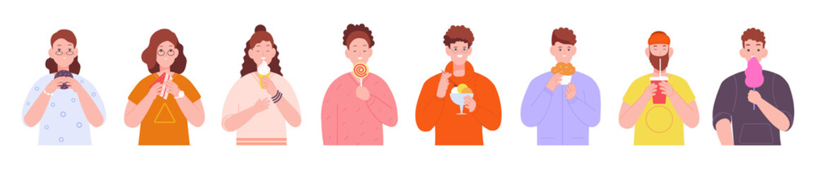 Obraz premium People meal desserts. Girl eating icecream, young man with eaten birthday cake sugar cream, person eat food drink sweet desserts restaurant, cartoon splendid png illustration
