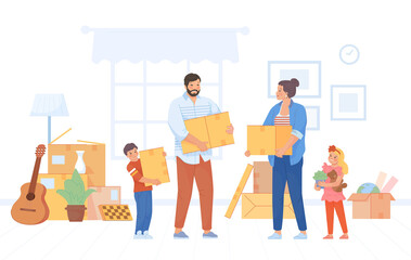 Family packing stuff. Happy characters holding cardboard boxes in room for movers moving house, people and bags delivery cargo, woman mom move new home, swanky png illustration