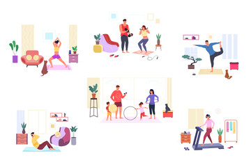 Fototapeta na wymiar Family sports stretching. Diverse position of sport exercise home workout characters, fit couple doing casa gym wellness kid with father practicing yoga, garish png illustration