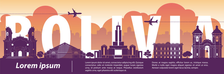 Bolivia famous landmark silhouette style,text within,travel and tourism,vector illustration