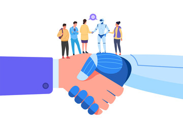 Robot hand shake. Interacting ai human, future jobs humanity, humanic robotics handshake, robotor business machine, artificial intelligence technology, garish png illustration