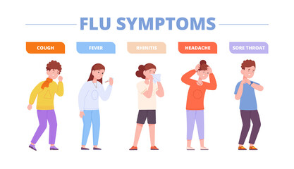 Fototapeta premium Child influenza symptoms. Children inflammation flu illness, kid use tissue when coughing sneeze, infographic kids disease ill throat nose temperature, splendid png illustration