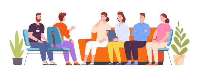Group psychotherapy. Psychology counseling patient community sitting on chair psychiatrist, talk therapy meeting people conversation with psychologist, splendid png illustration