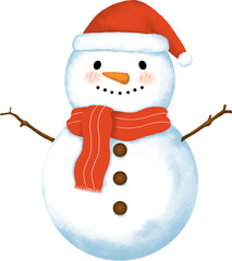 Snowman with santa hat and red scarf. Happy Snowman illustration. Christmas decoration.