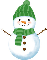 Snowman with knitted green hat and scarf. Happy Snowman illustration. Christmas decoration.