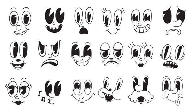 Facial mascot 30s. Looking toon faces quirky characters, creator cartoon laughing persona without limbs, retro vintage comic animation face eye caricature neat png illustration