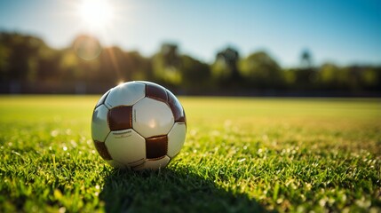 Fototapeta premium Sunny Football Playground. Active Sport, Green Field, and Blue Sky