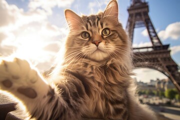 Cat in front of the Eiffel Tower Paris France looking forward to Paris Olympics Olympic Games 2024 Bonjour Le Chat Give me Five Greeting Saying Hello by The River Seine Opening Ceremony Celebration - obrazy, fototapety, plakaty