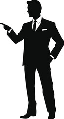 Businessman in dark suit standing with hands in pockets. Man is facing challenge. Abstract vector illustration