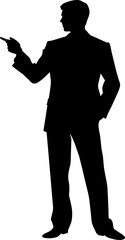 Businessman in dark suit standing with hands in pockets. Man is facing challenge. Abstract vector illustration