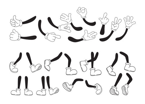 Hand feet mascot animation. Different movement legs and hands comic character, expression foot in shoes, cartoon white arm victory, drawing kick finger, neat png illustration
