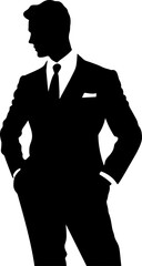 Vector silhouette of a man in a business suit standing, black color isolated on white background