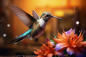Beautiful Hummingbird Feeding on Flowers and Flying on Plain Background