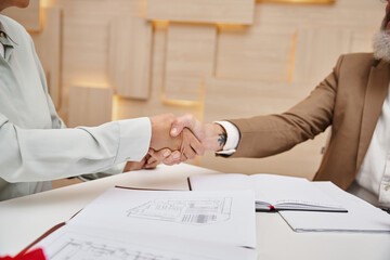 cropped shot of woman shaking hands with middle aged realtor in real estate office, property sale