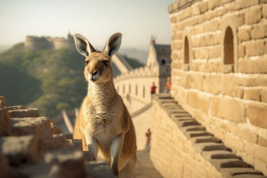 Happy Chinese New Year 2024 A Kangaroo Visiting the Great Wall in Beijing, China