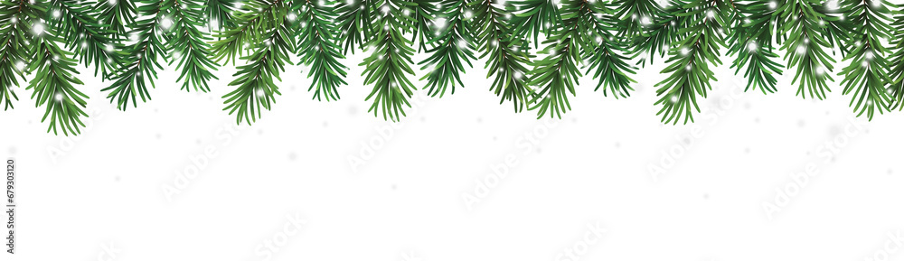 Wall mural decorative christmas seamless pattern with coniferous branches and falling snow on transparent backg