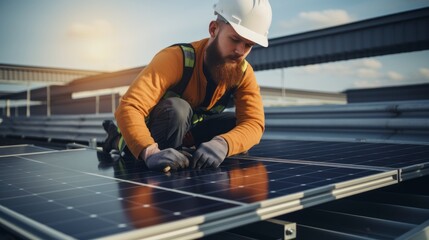 Green Energy Innovation: Solar Engineer Installing Panels on Rooftop