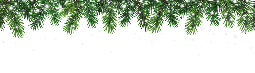 Decorative christmas seamless pattern with coniferous branches and falling snow on transparent background - obrazy, fototapety, plakaty