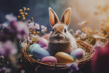 A brown rabbit with tall ears nestled among multicolored speckled Easter eggs in a wicker basket...